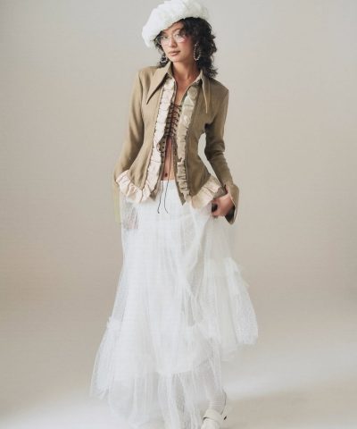 Ruffle-Trimmed Shirt and White Maxi Set