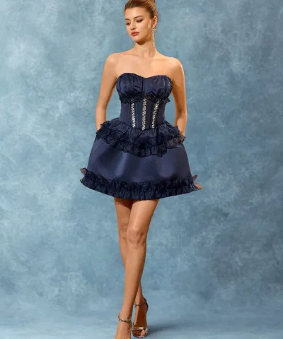 Navy Corset Ruffle Mini Dress
