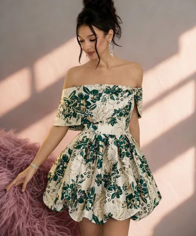 Off-shoulder Floral Green Mini Dress