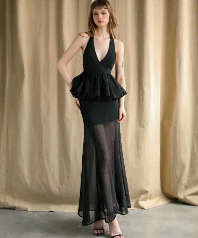 Midnight Elegance Sheer Peplum Maxi Dress