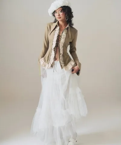 Ruffle Trimmed Shirt and White Maxi Set