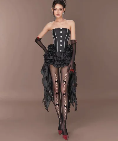 Strapless Black Corset Ruffle Mini Dress