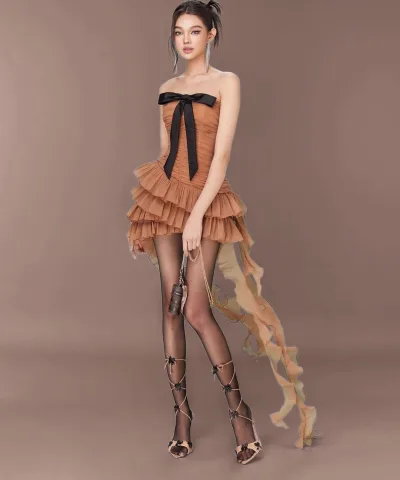 Strapless Ruffle Mini Dress with Bow Detail - Brown