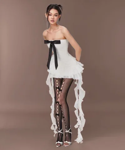 Strapless Ruffle Mini Dress with Bow Detail - White